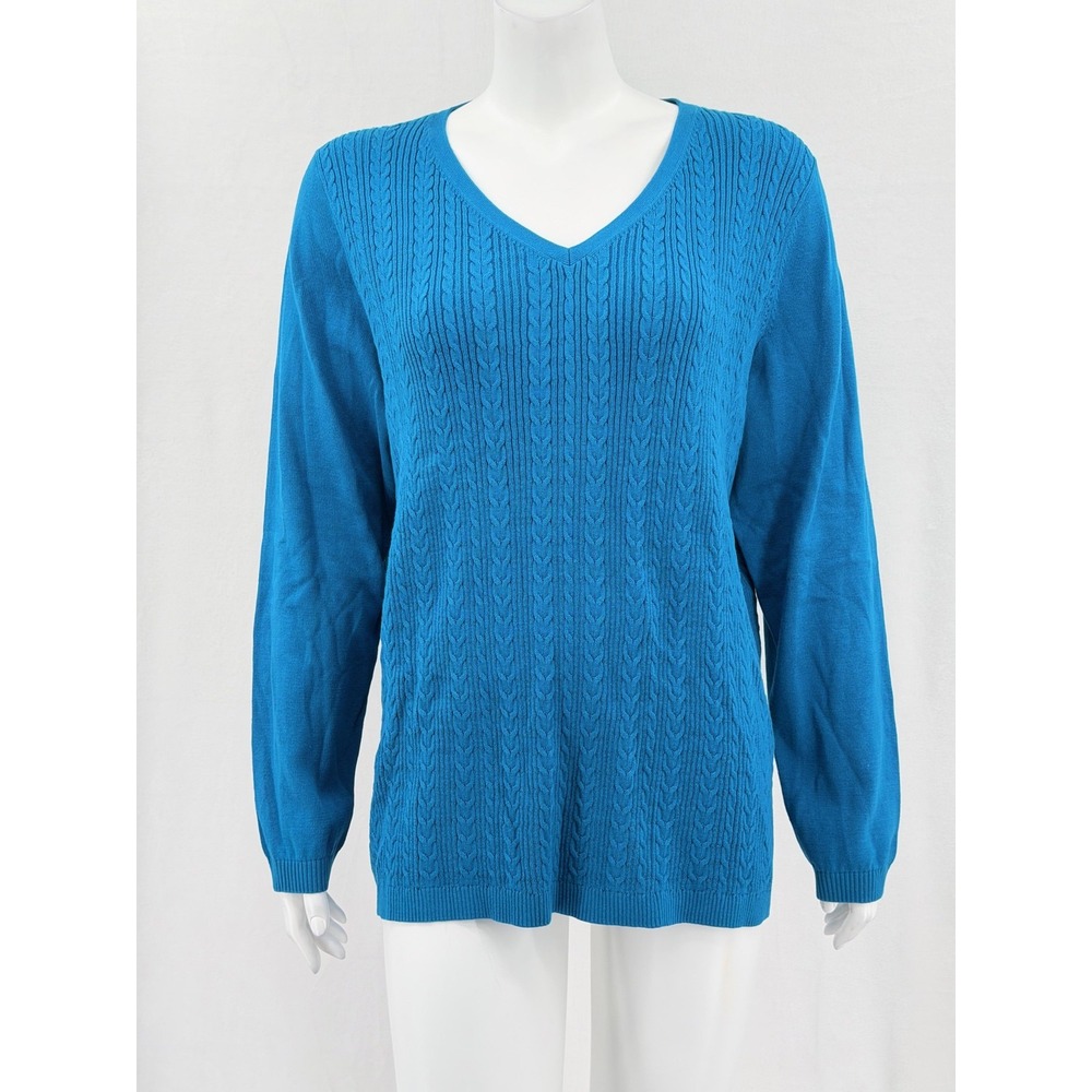 Talbots Sweater Womens 2X Teal Cable Knit‎ V-Neck Pullover Cotton Cool Weather